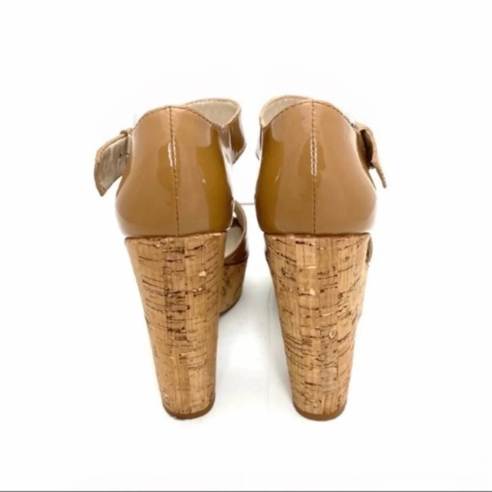 KORS Michael Kors Korey Patent Leather Cork Wedge Strap Sandal Camel Tan Size 9